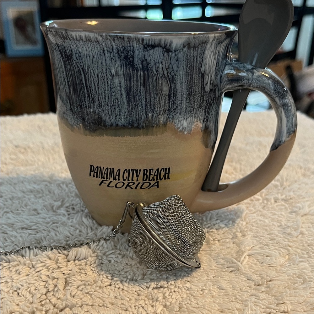 Source Unknown Blue and Tan Mug with Spoon. Panama City Tea cup